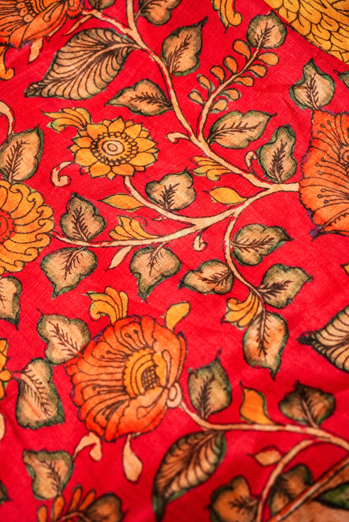 Bright Red Tussar Silk Saree with Kalamkari Floral Print