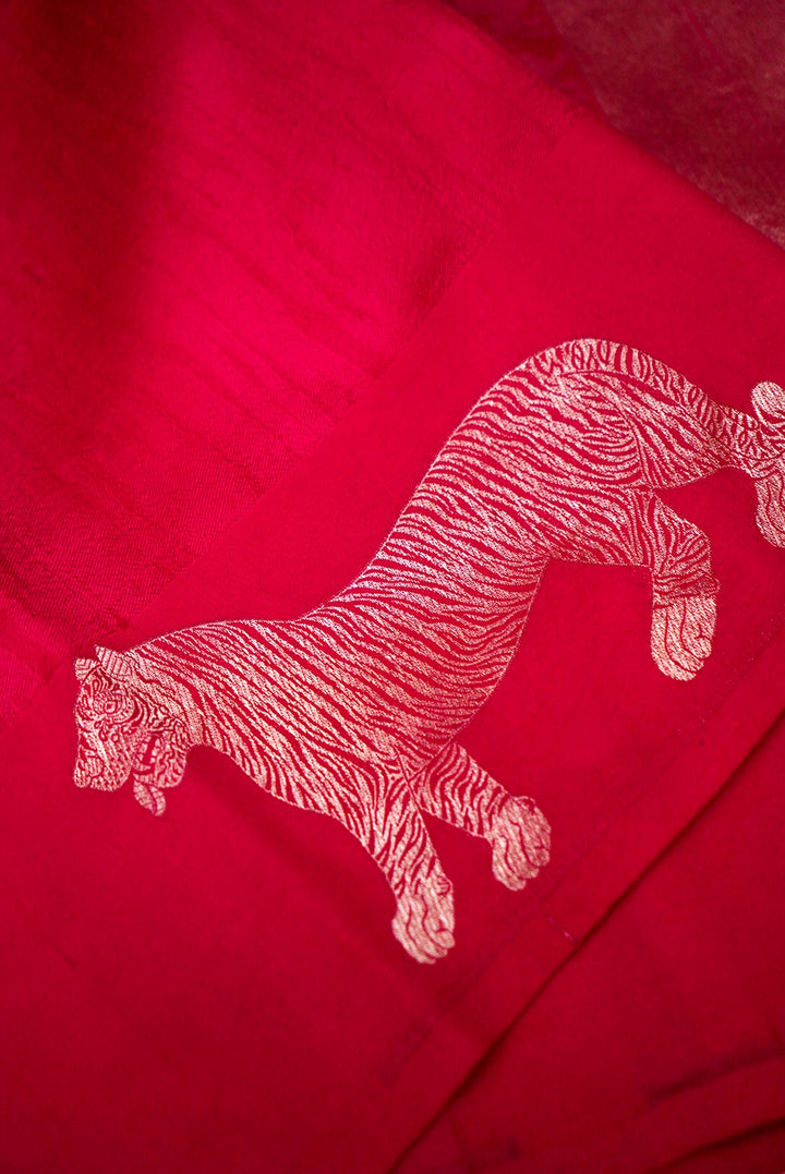 Elegant Pink Pure Katan Silk Saree with Tiger Motifs and Striped Weave Design