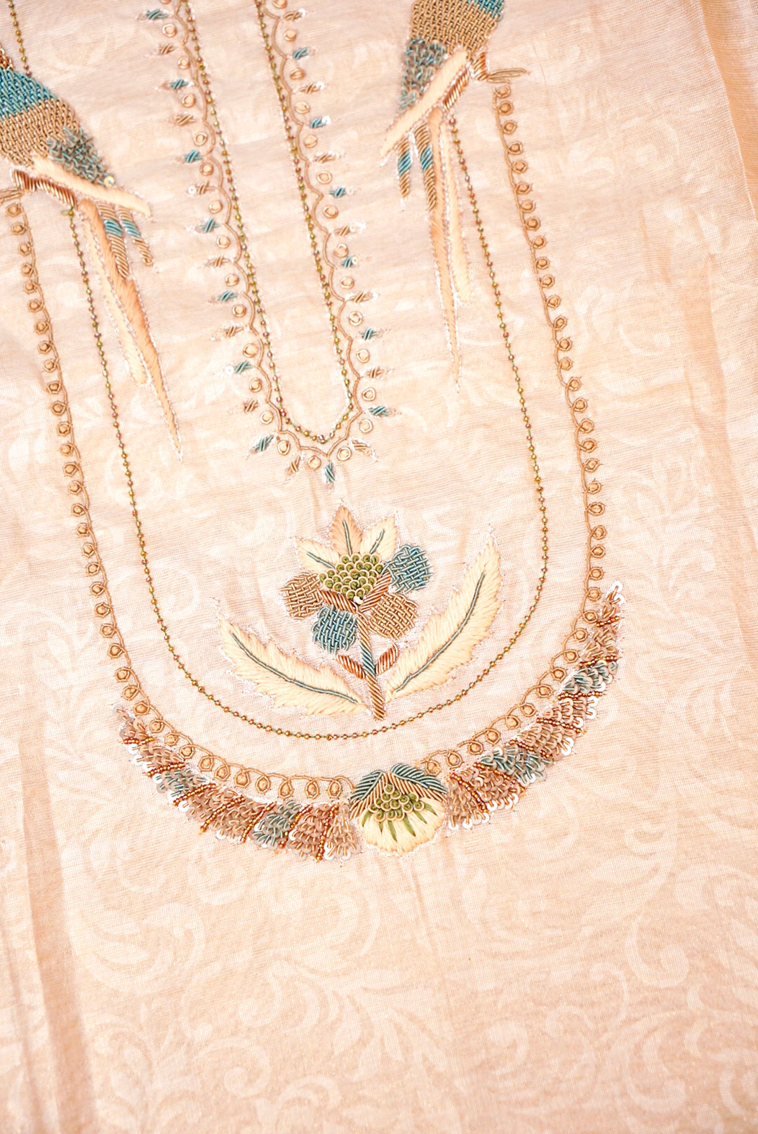 Rose Gold Chanderi Tissue Silk Suit with Handcrafted Zardozi & Resham Elegance