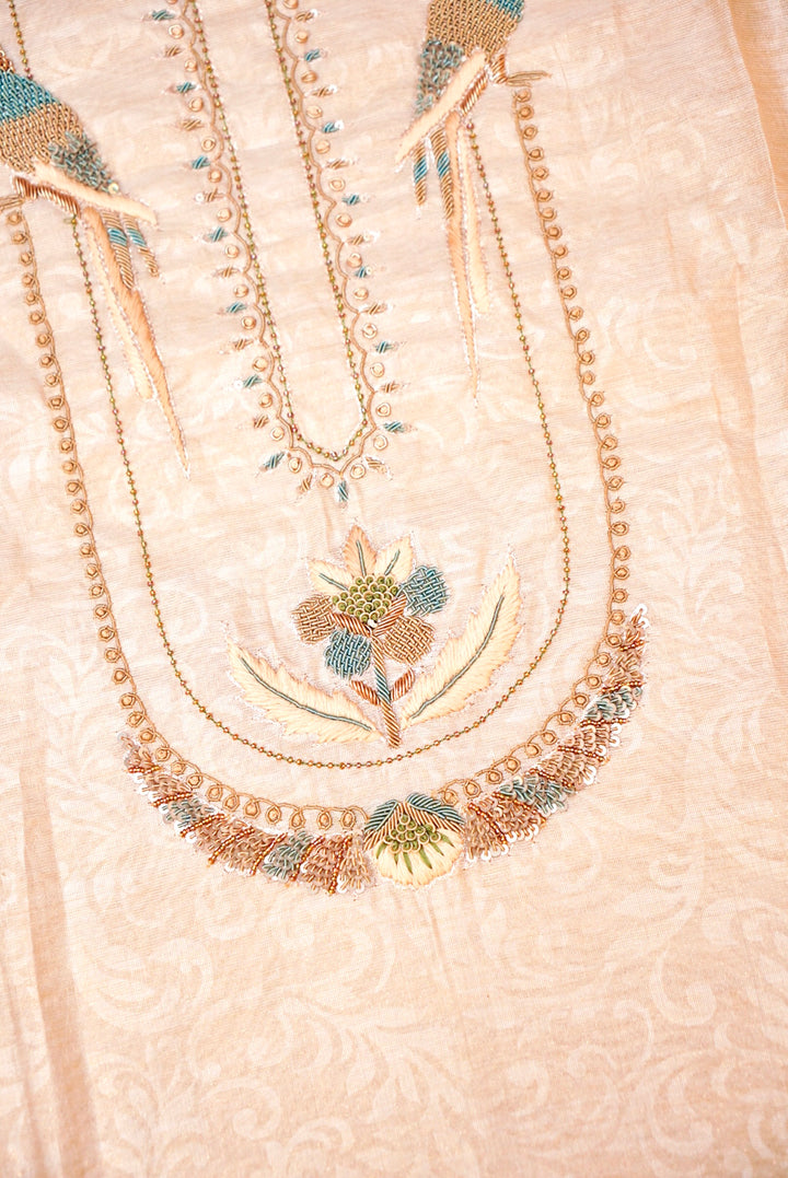 Rose Gold Chanderi Tissue Silk Suit with Handcrafted Zardozi & Resham Elegance