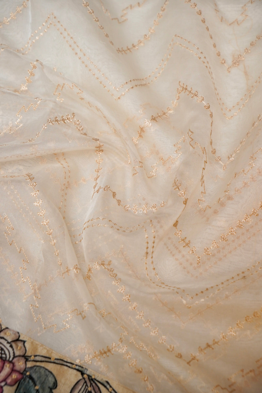 Pure White Organza Saree with Kalamkari Border & Katha-Resham Embroidery