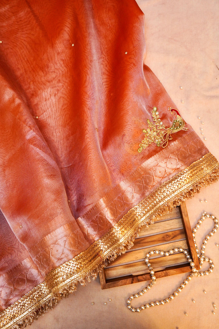 Copper Gold Tissue Silk Saree with Exquisite Peacock Motif Embroidery
