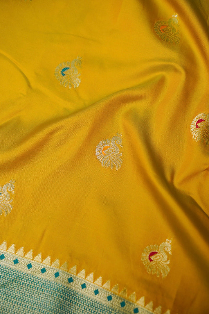 Mustard Yellow Soft Silk Kanjivaram Inspired Bird Motifs Saree with Contrast Border Pallu