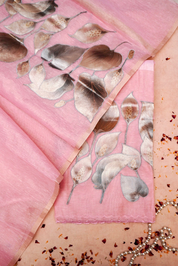 Pink Pure Chanderi Tissue Silk Suit with Applique Work and Dupatta