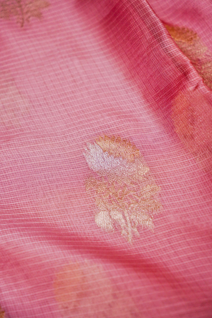 Banarasi Pastel Pink Kota Check Saree Zari Weave Elegant Floral Motifs