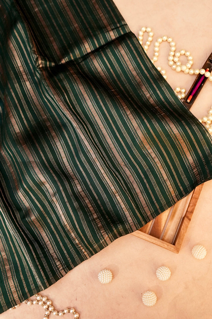 Pure Banarasi Silk Saree with Stripes & Shibori Weaving in Bottle Green