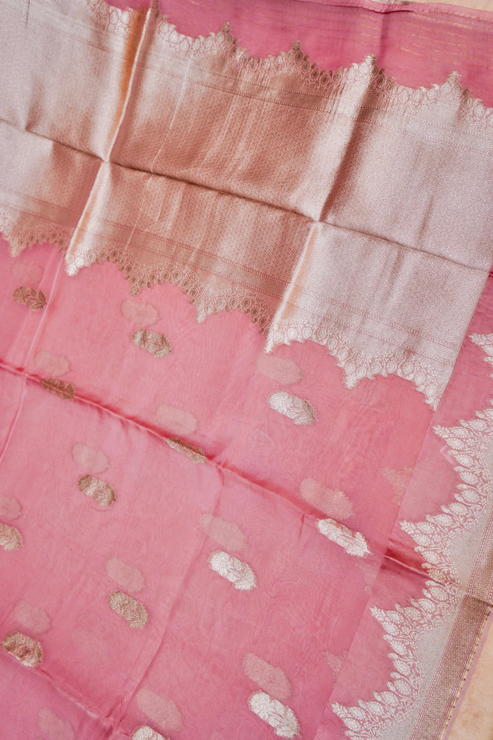 Charming Pink Banarasi Kora Silk Saree Handwoven Bootidar Design with Leheriya Border