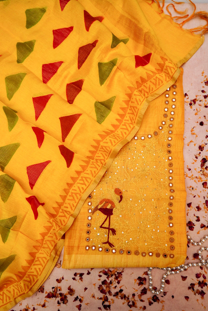 Yellow Pure Chanderi Silk Suit with Kantha & French Knot Embroidery