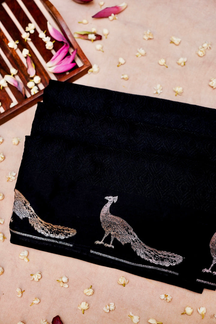 Banarasi Black Mashru Silk Saree with Bird Motif Border & Pallu