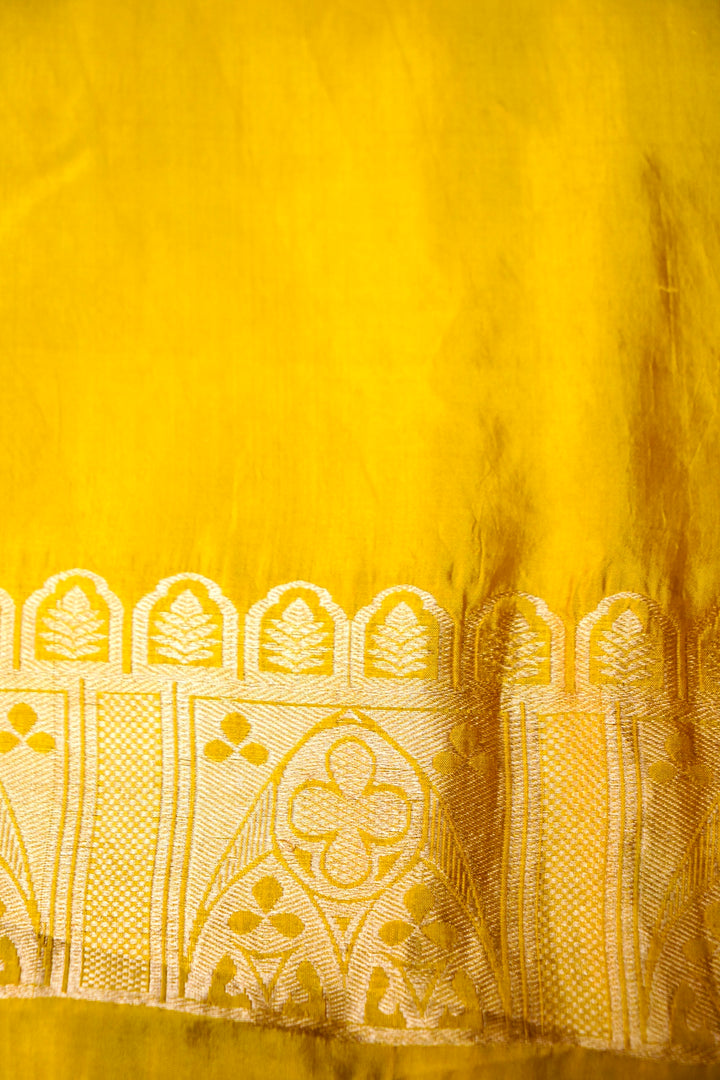 Pure Katan Silk Co-Ord Set Fabric – Heritage Arch Zari Weave | Mustard Yellow