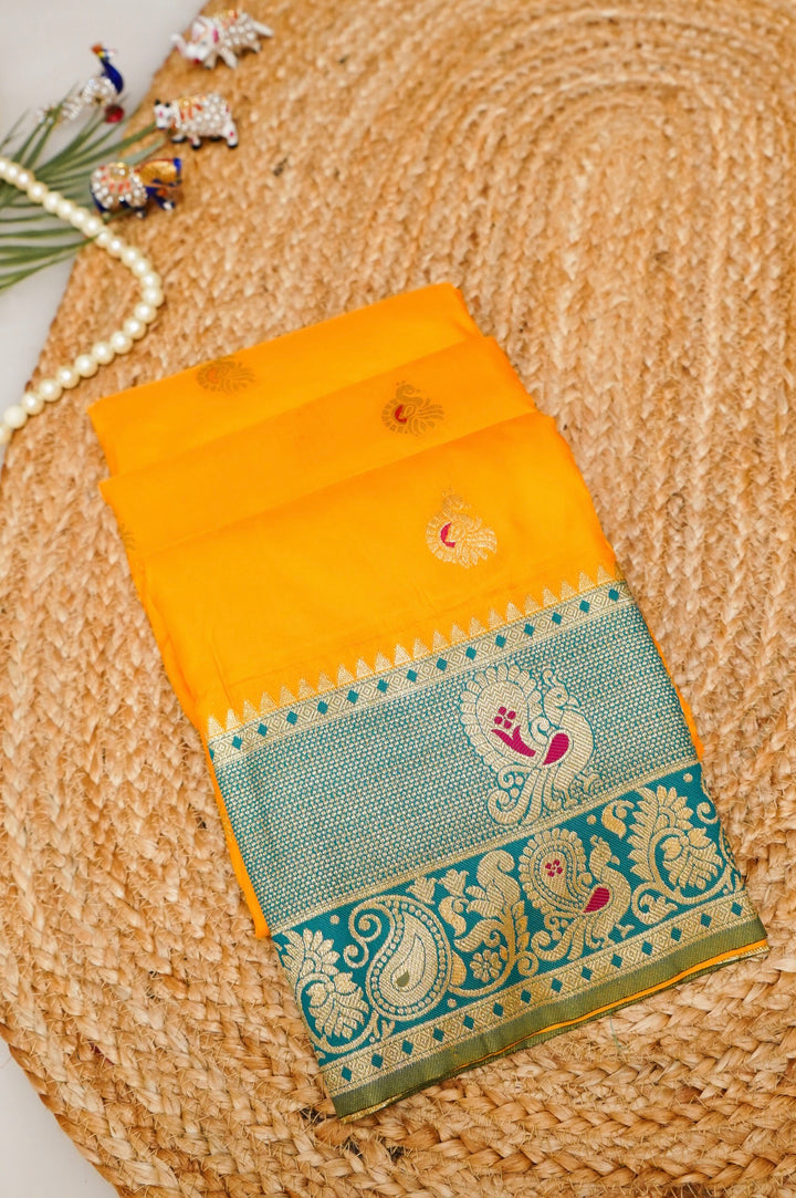 Yellow Soft Silk Kanjivaram Inspired Bird Motifs Saree with Contrast Border Pallu
