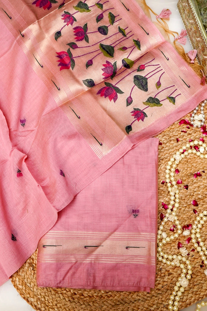 Blush Pink Handwoven Linen Unstitched Suit Set with Floral Woven Dupatta