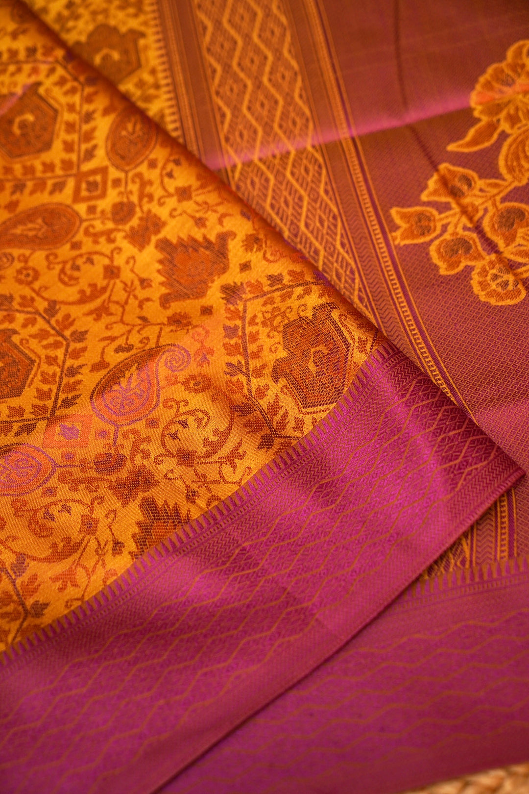 Mustard Yellow Handwoven Banarasi Tanchoi Silk Saree with Resham Art