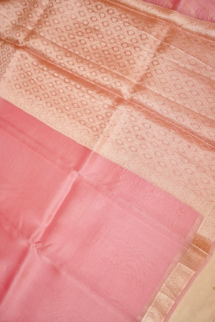 Baby Pink Zari Grace Border Pure Organza Silk Saree Open View