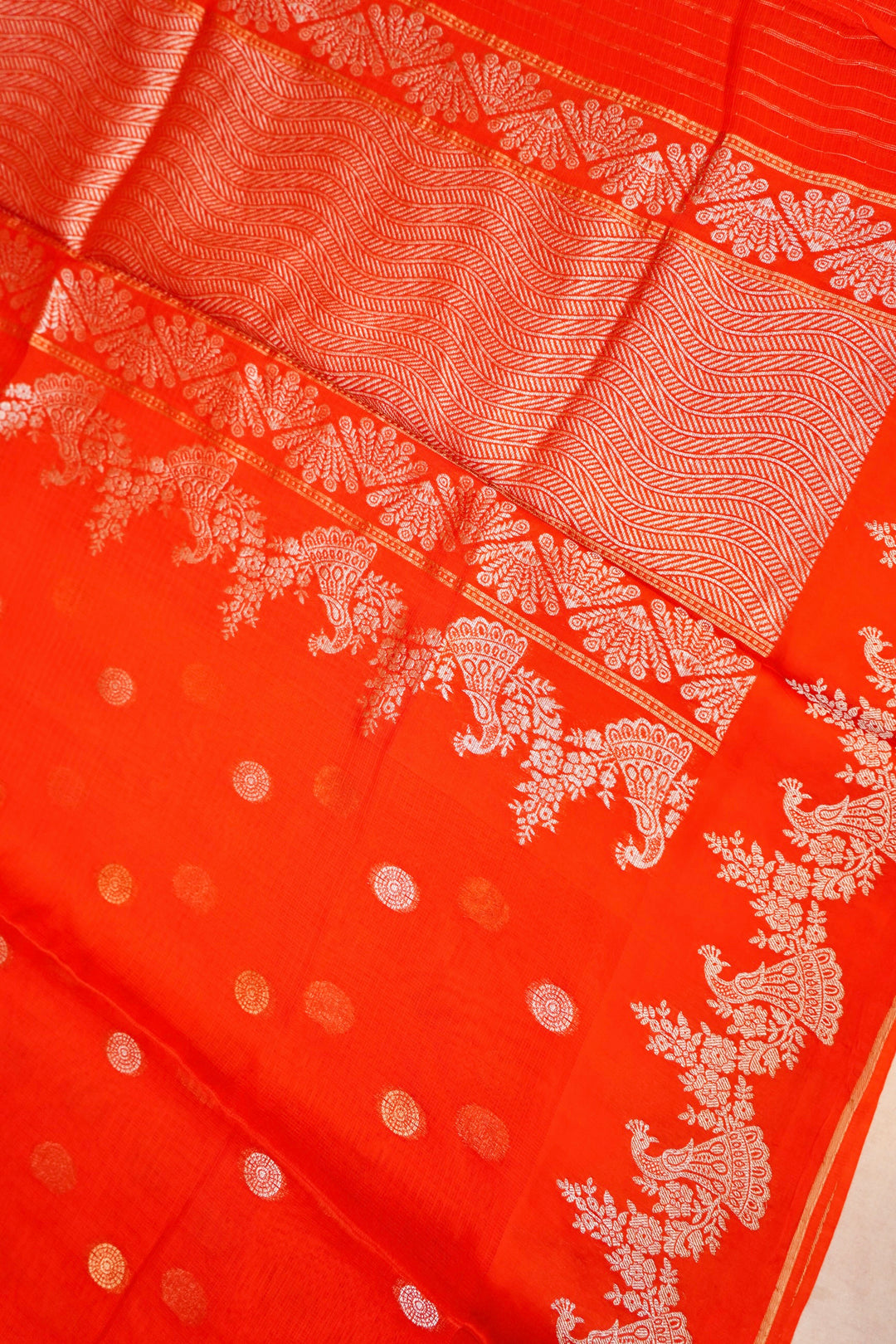 Orange Kota Check Saree with Sona Rupa Zari Work Silk Motif Border