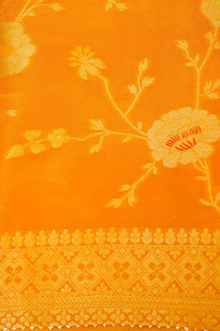 Yellow Banarasi Tissue Silk Saree with Meenakari Jangla Top and Elephant Motif Dupatta