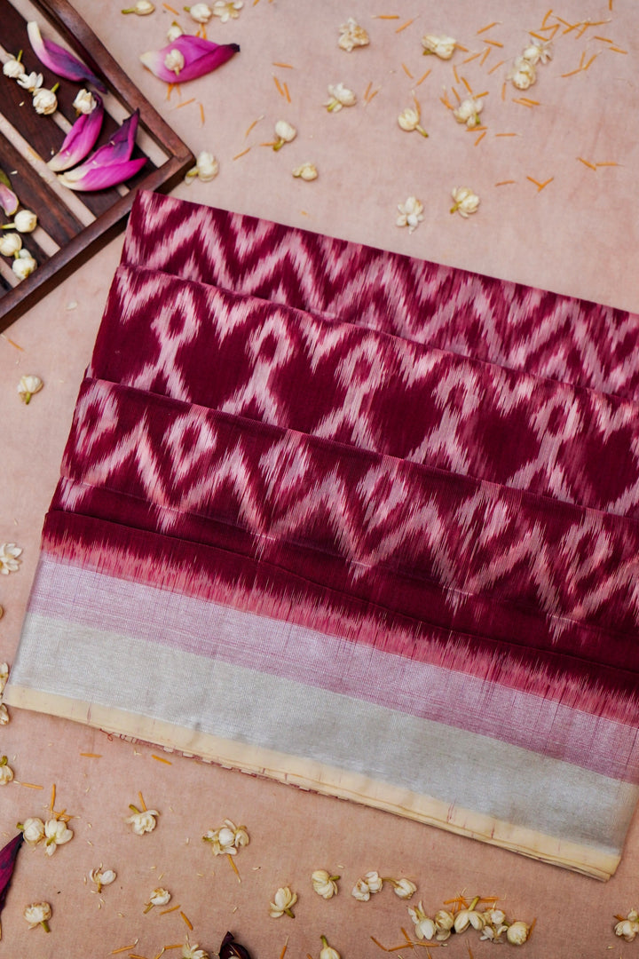 Banarasi Patola Wine Cotton Silk Saree with All-Over Geometrical Print