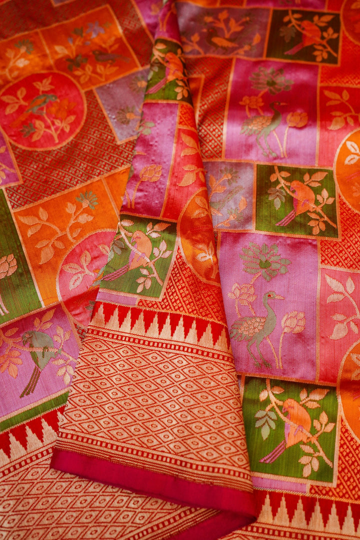 Handwoven Red Banarasi Pure Katan Silk Saree with Meenakari Floral & Bird Motifs