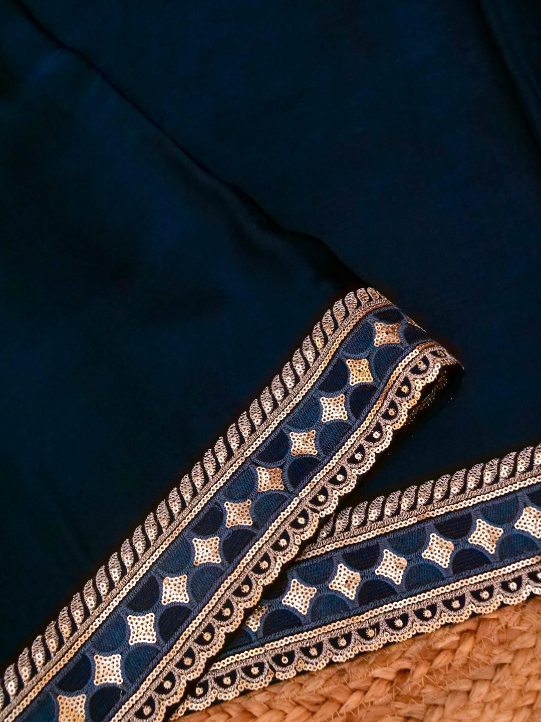 Teal Blue Sabyasachi Inspired Textured Pure Crepe Saree with Designer Border Heavy Embroidered Silk Blouse View 4