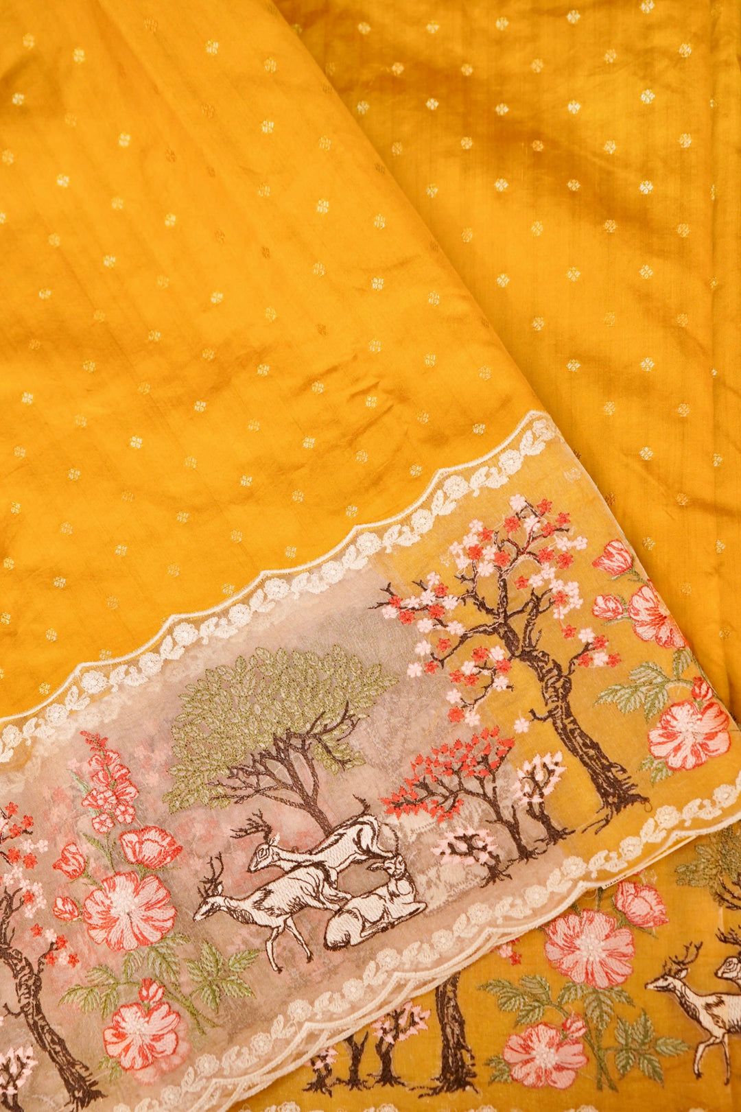Haldi Ceremony Yellow Pure Handloom Chiniya Silk Saree with Appliqué Resham Embroidery