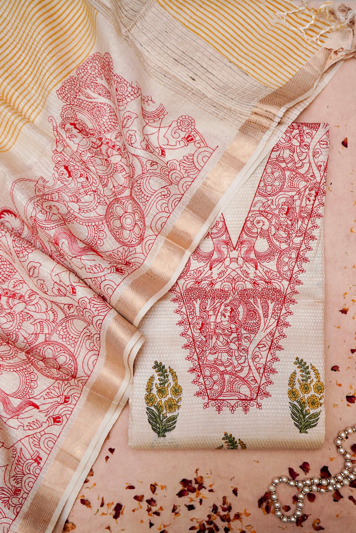 Pure Silk Tussar Fabric with Mural Art Thread Embroidery and Hand Block Prints