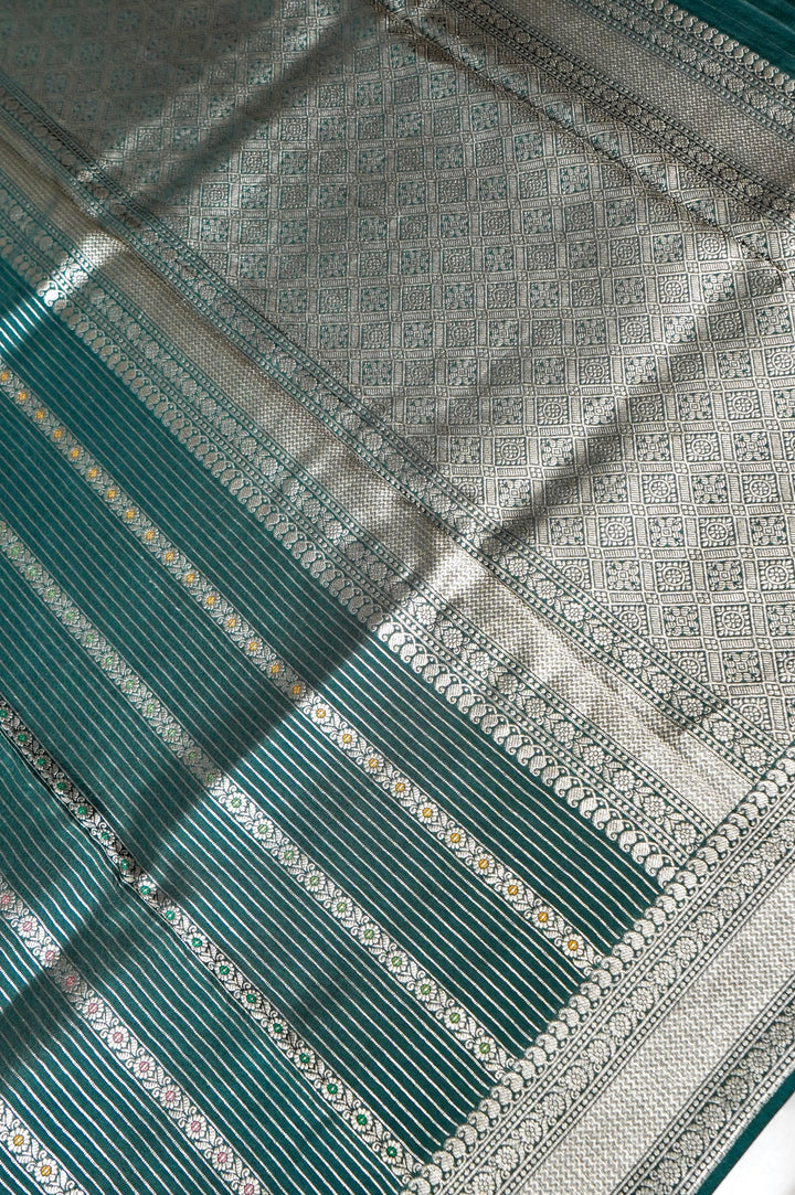 Sage Green Banarasi Soft Silk Saree with Meenakari Stripes
