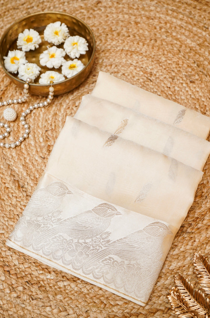 Cream Raw Mango Inspired Banarasi Saree with Zari Weave Birds Motif