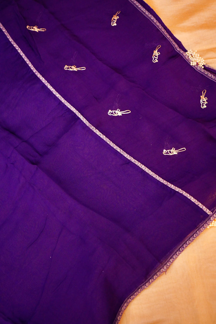 Purple Pure Chanderi Silk Suit Set with Pearl Work Birds Motif