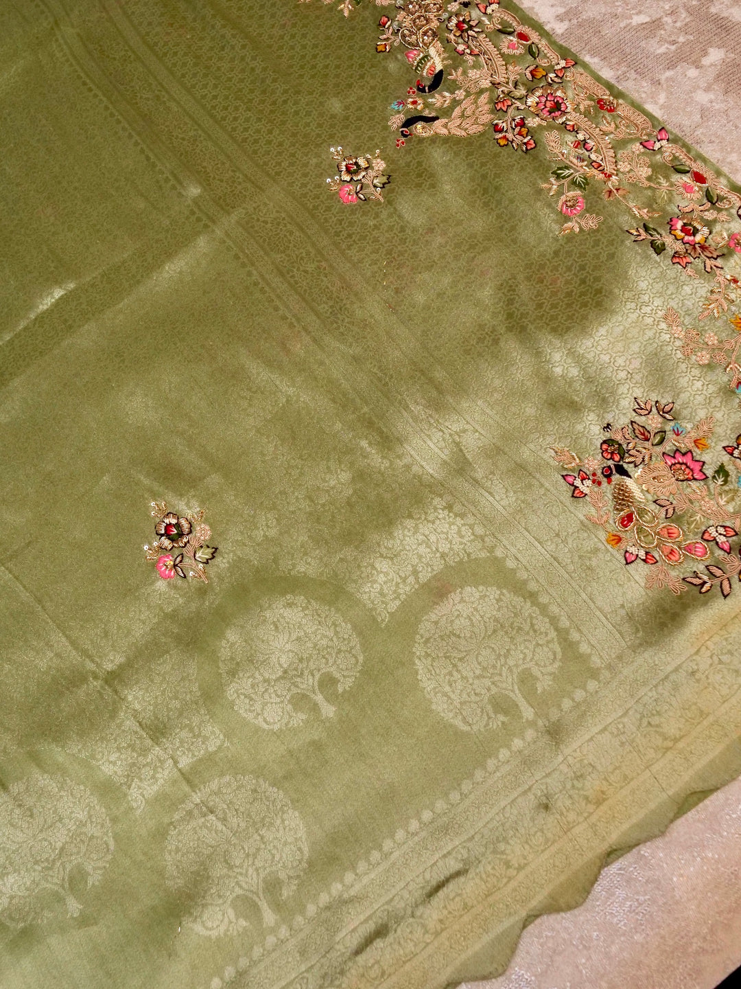 Elegant Light Green Banarasi Brocade Silk Saree with Zardozi & Resham Work