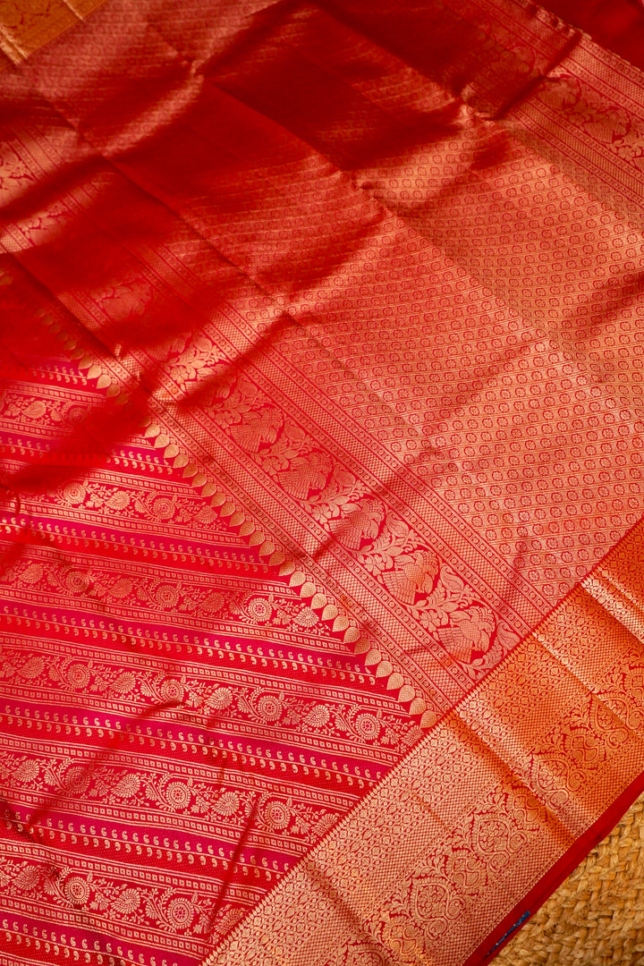 Pure Red Kanjivaram Silk Brocade Saree with Zari Weaving View 2