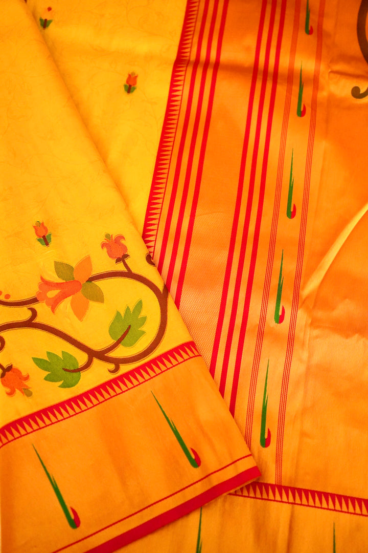 Golden Banarasi Paithani Tissue Silk Saree with Contrast