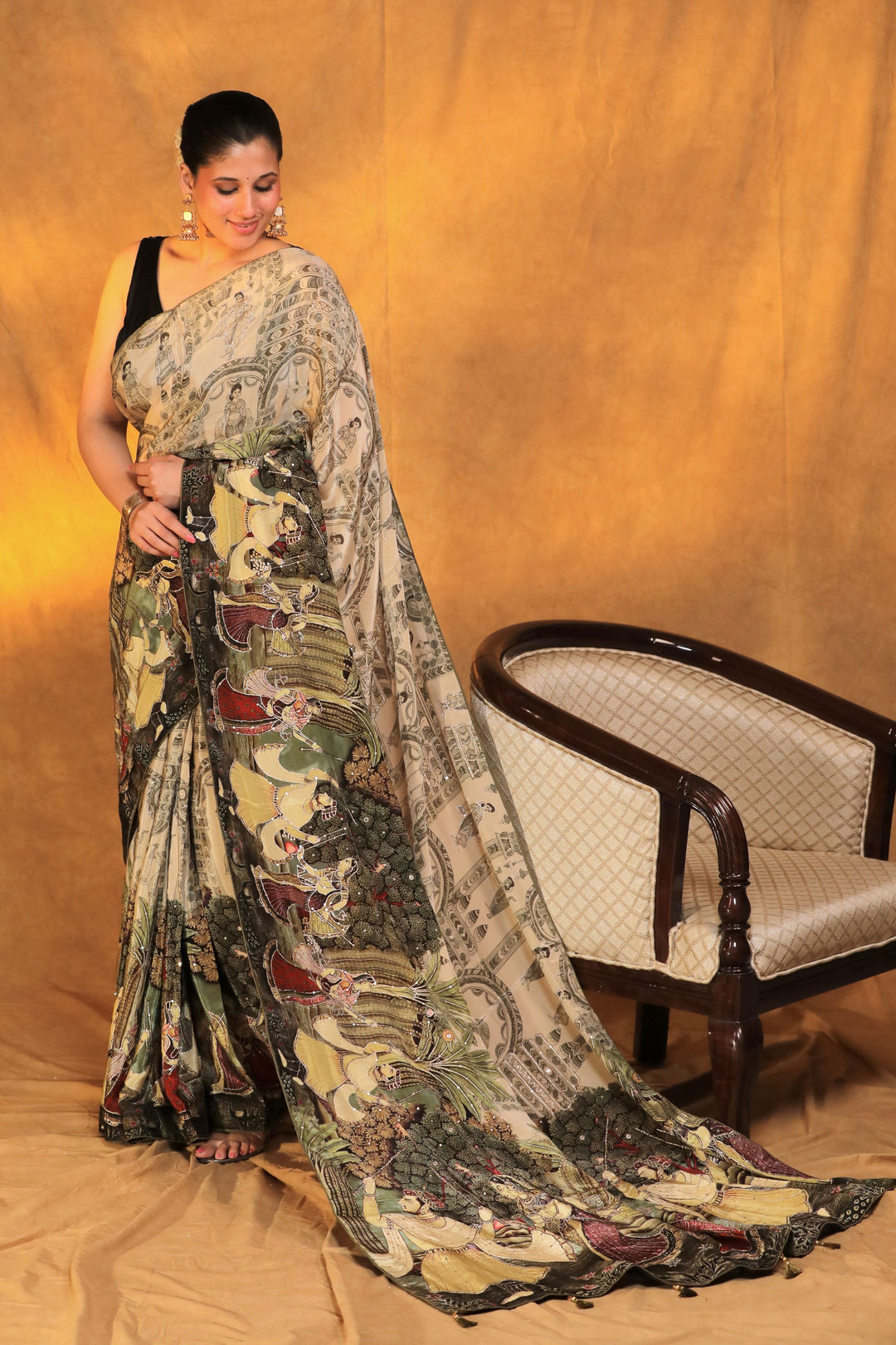 beige crepe silk katha embroidery figure motif saree front view 2