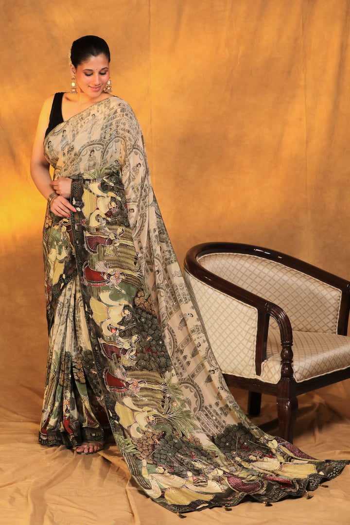 beige crepe silk katha embroidery figure motif saree front view 2
