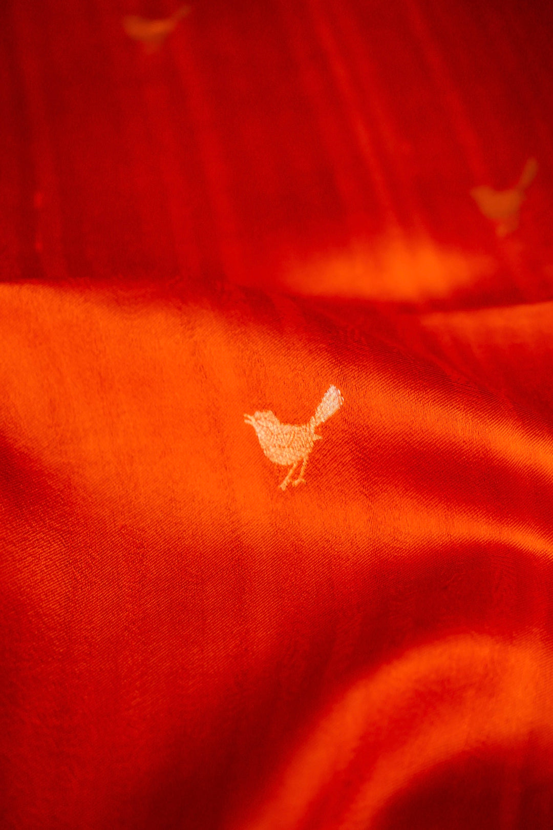 Rust Handwoven Bridal Banarasi Katan Silk Saree with Golden Zari Bird Motifs