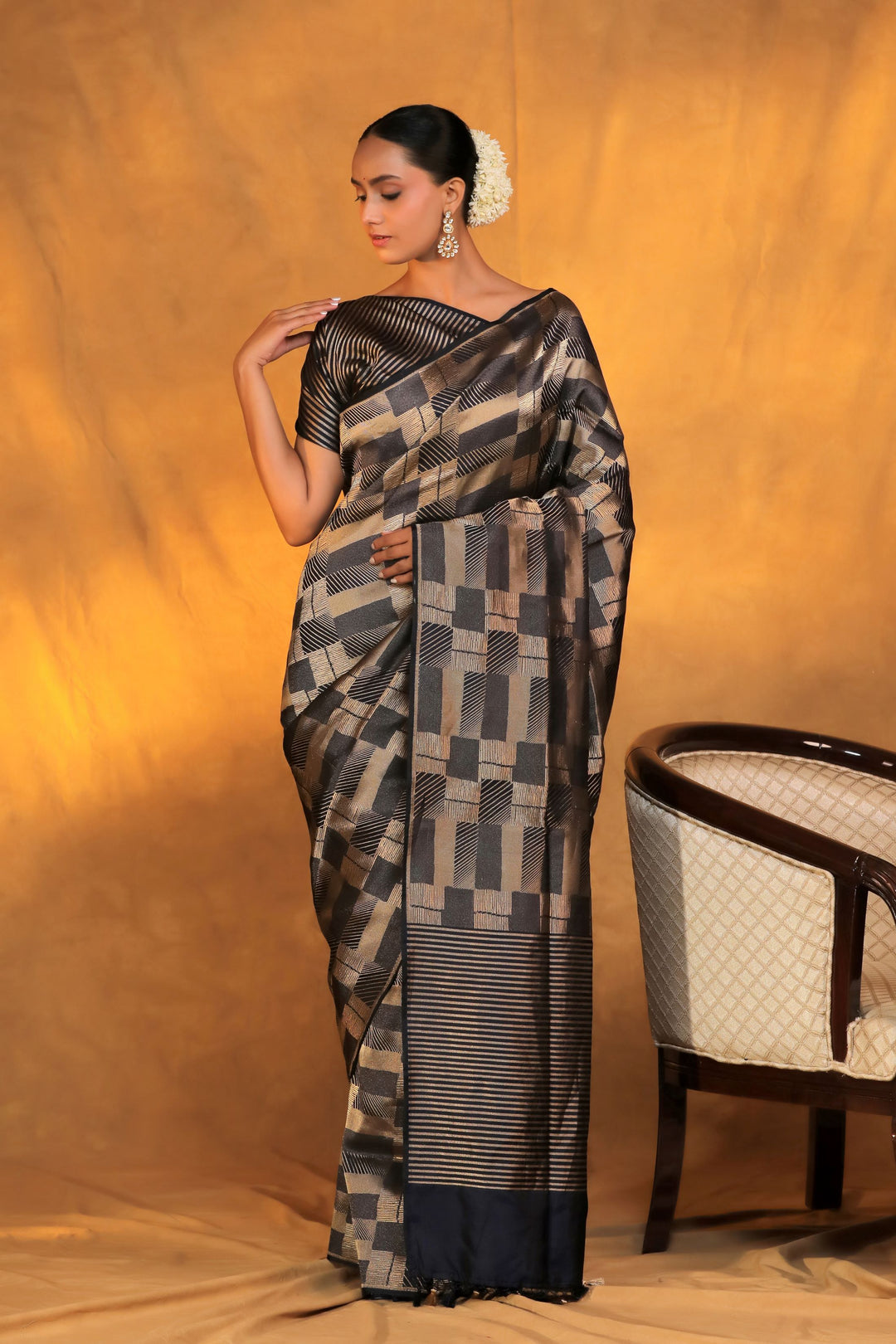 handwoven banarasi brocade black and golden pure katan silk saree front view 1