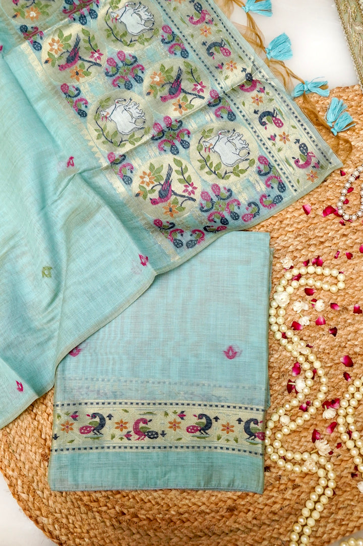Sky Blue Floral Woven Unstitched Suit Set with Bird Motif Dupatta