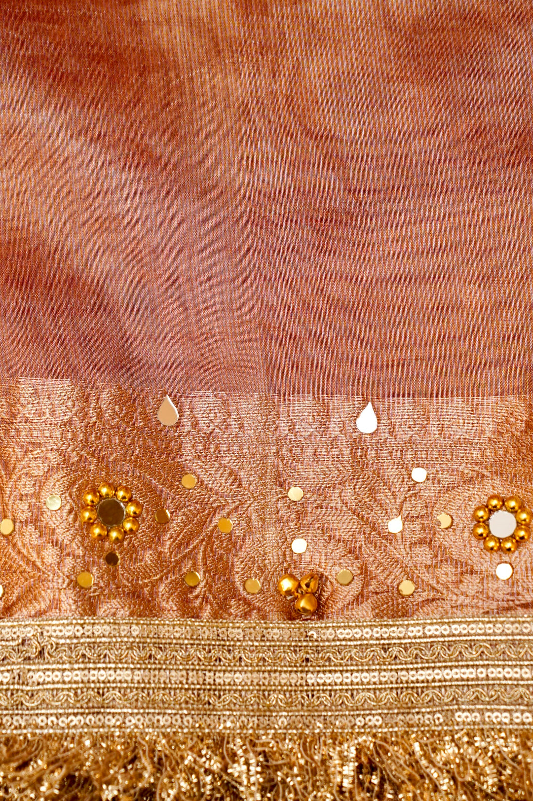 Pumpkin Orange Viral Ghungru Tissue Silk Saree with Mirror Work View 8