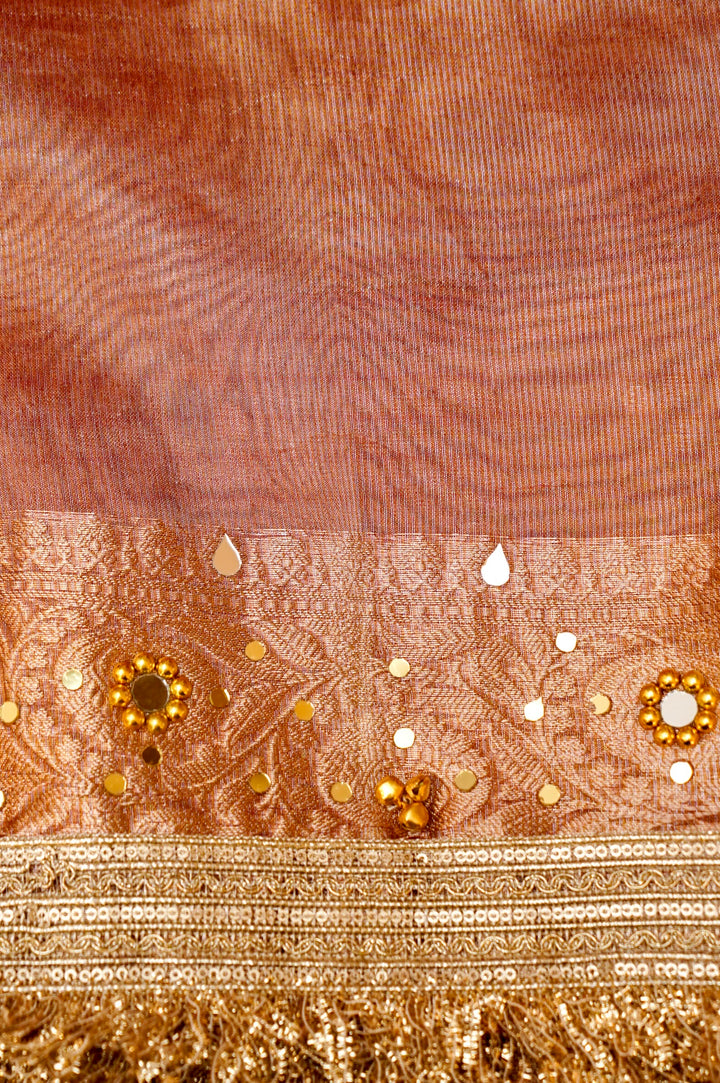 Pumpkin Orange Viral Ghungru Tissue Silk Saree with Mirror Work View 8