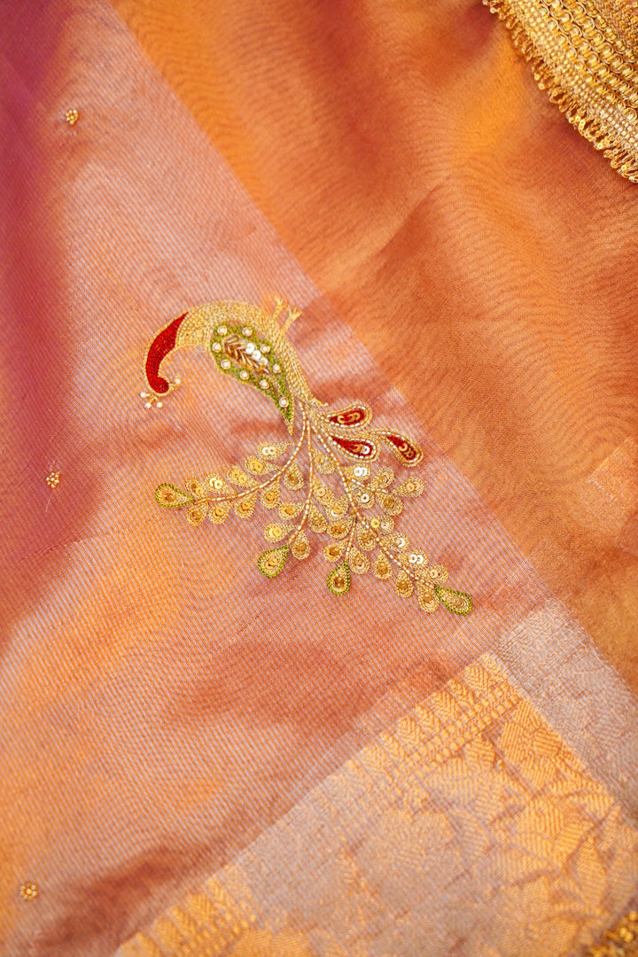 Eternal Grace Copper Gold Tissue Silk Saree with Peacock Motifs