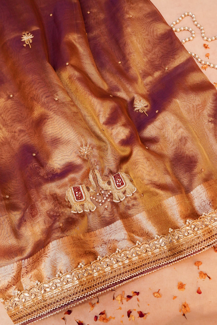 Copper Gold Gajanan Maharani Tissue Saree with Hand Embroidery and Pearl Border