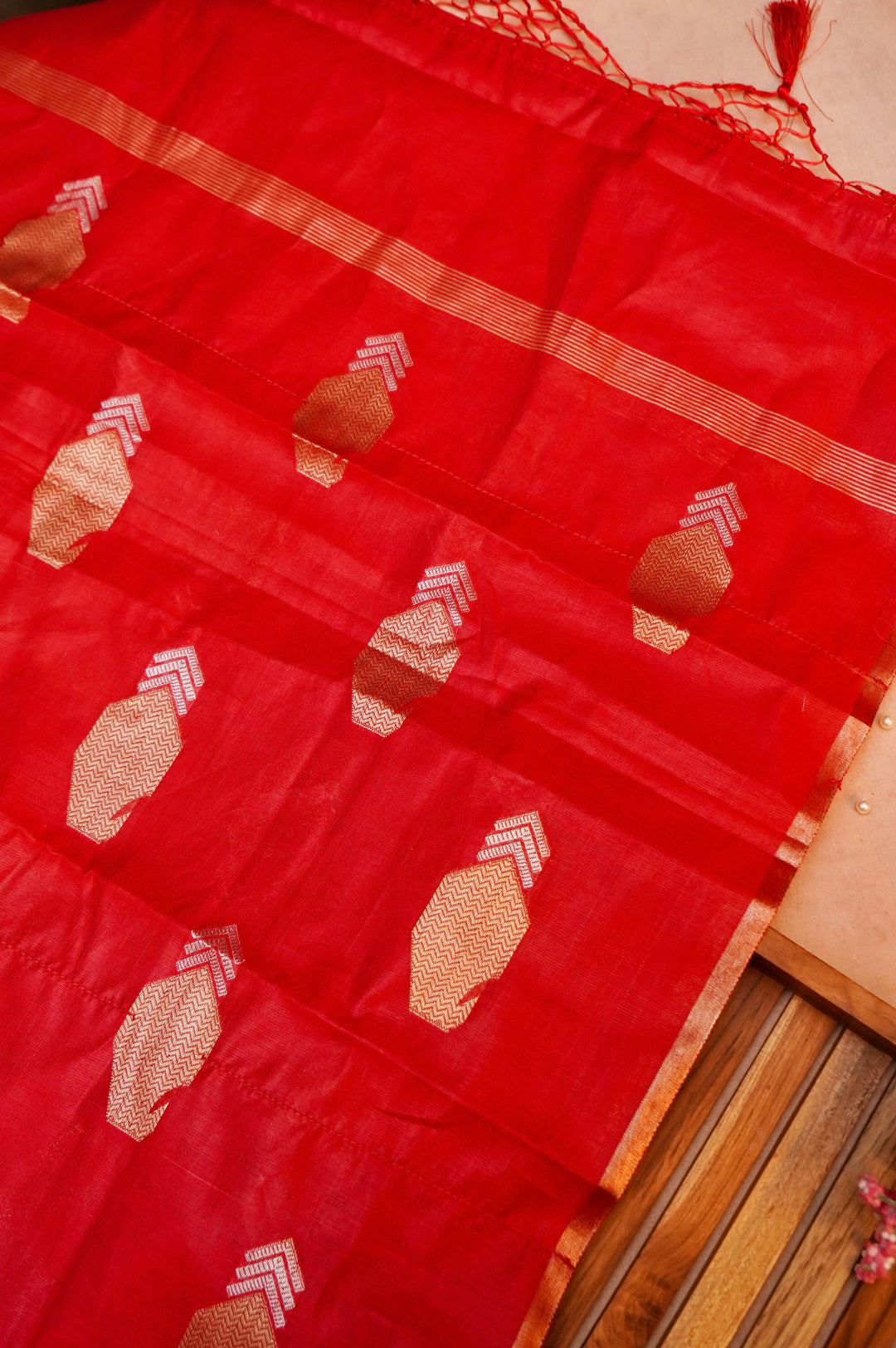 Beige Gold Pure Chanderi Silk Suit with Red Contrast Dupatta