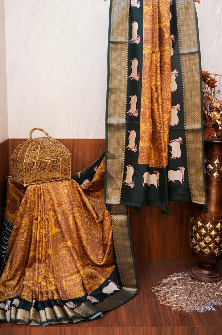 Mustard Crepe Silk Saree with Green Contrast Nandi Motif Pallu &amp; Border