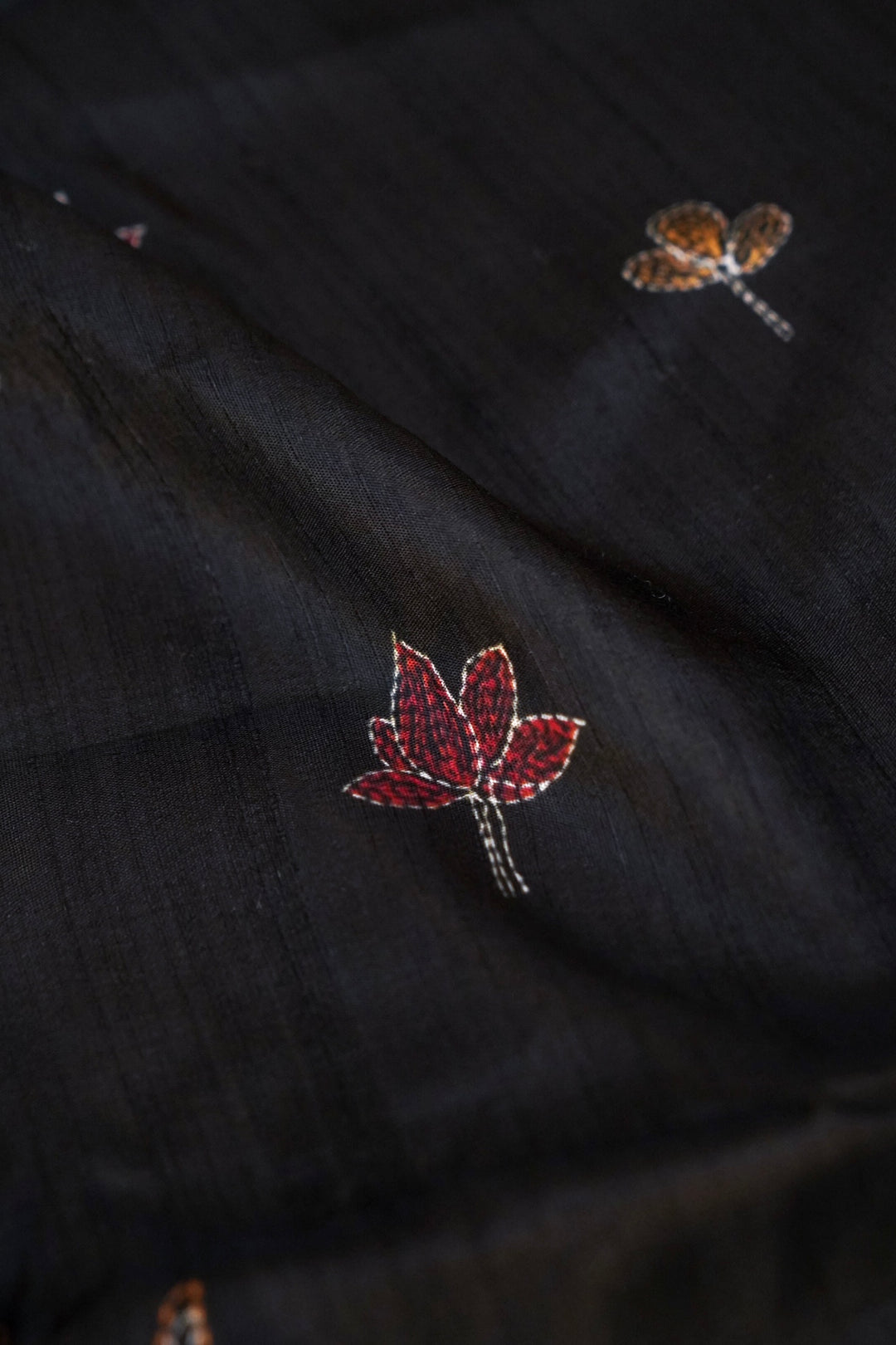 Black Tussar Silk Saree with Ajrak Animal Motif &amp; Meenakari Bootidar Weaving