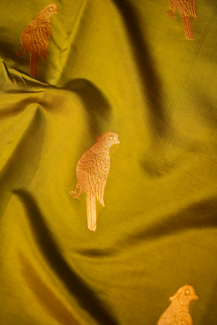 Parrot Green Royalty Handwoven Banarasi Pure Katan Silk Saree with All-Over Zari Motif