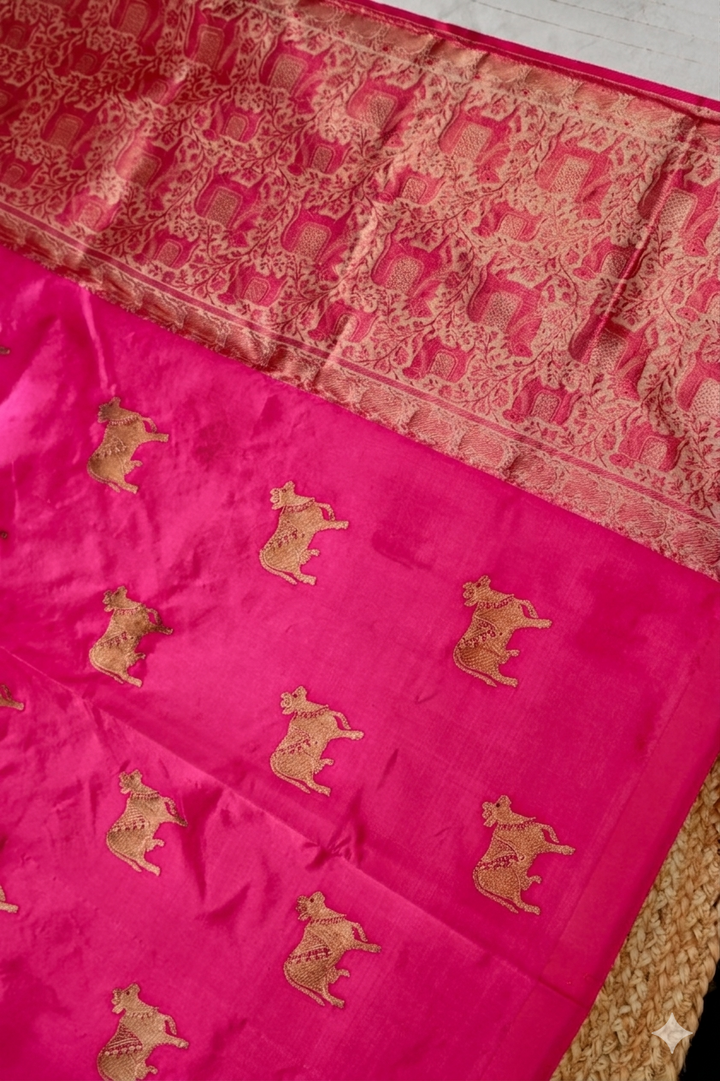 Hot Pink Handwoven Banarasi Pure Puna Silk Saree with Zari Nandi Motif