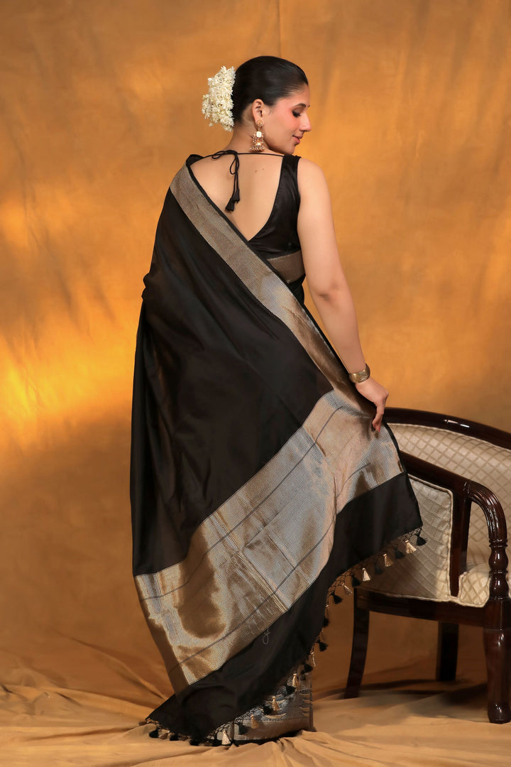 Banarasi Handloom Black Pure Katan Silk Ghat Wali Saree Back View