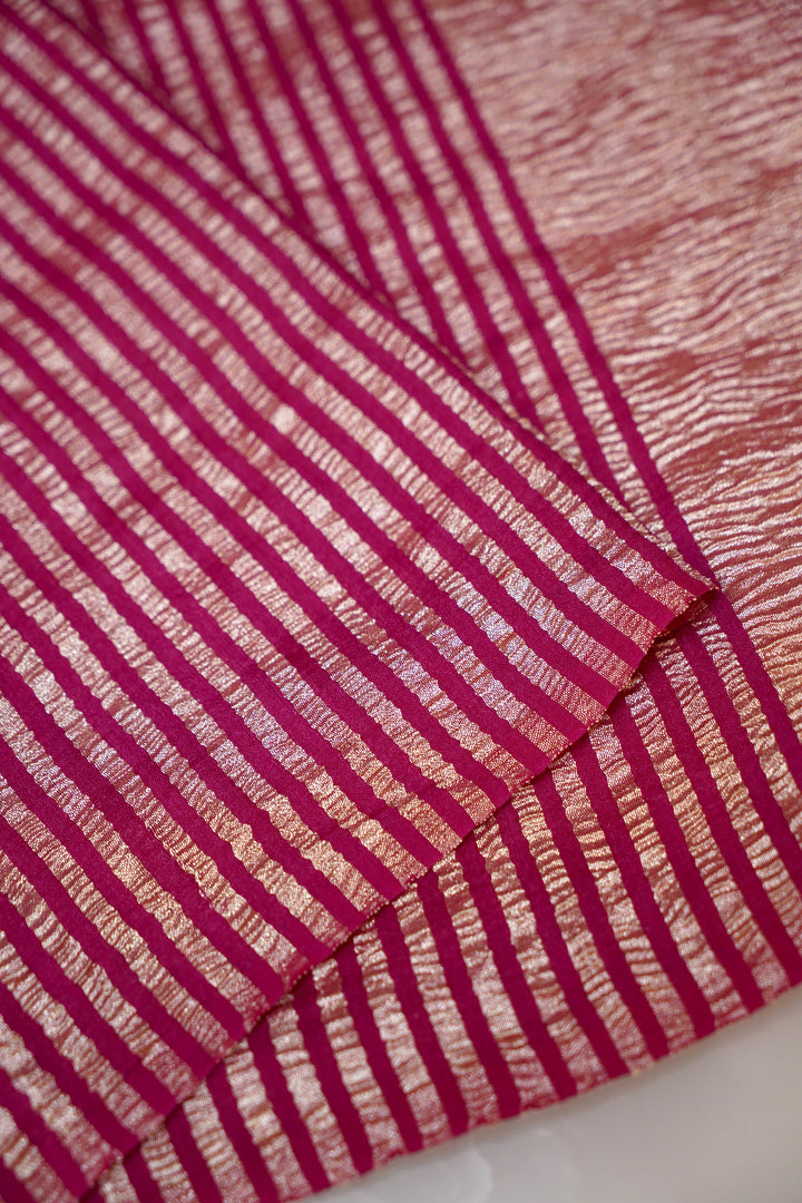 Vibrant Magenta Pink Muga Georgette Saree with Zari Stripe Weave