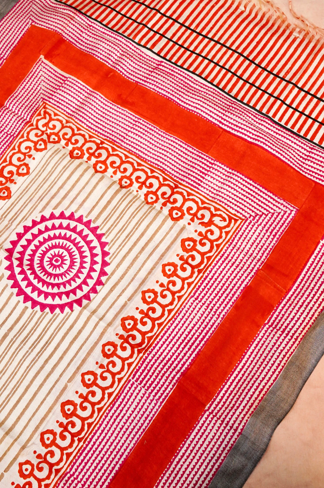 Red Dupion Silk Suit Set with White Block Print Dupatta