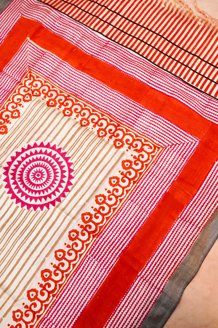 Red Dupion Silk Suit Set with White Block Print Dupatta