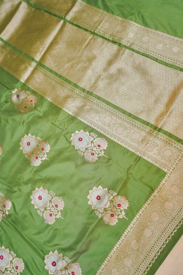 Emerald Meadow Light Green Meenakari Katan Silk Saree View 1